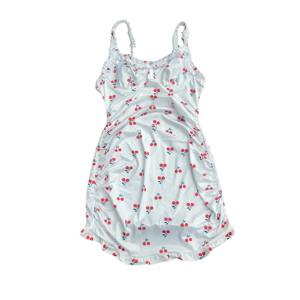 White Cherry-Print Mini Slip lingerie Dress